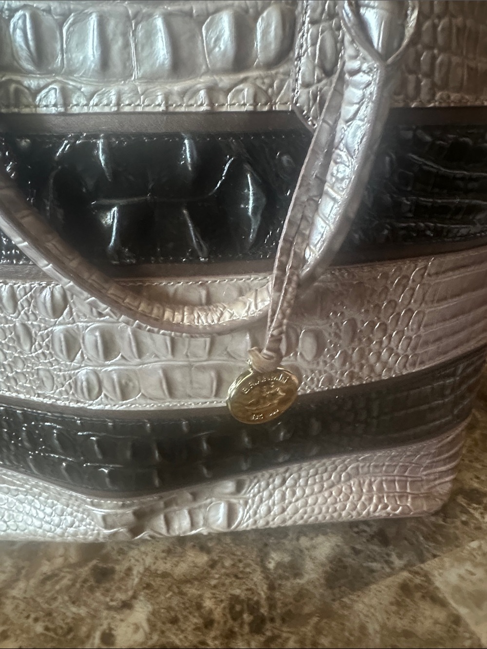 Brahmin Striped Croc-Embossed Tote Bag in Black and Taupe